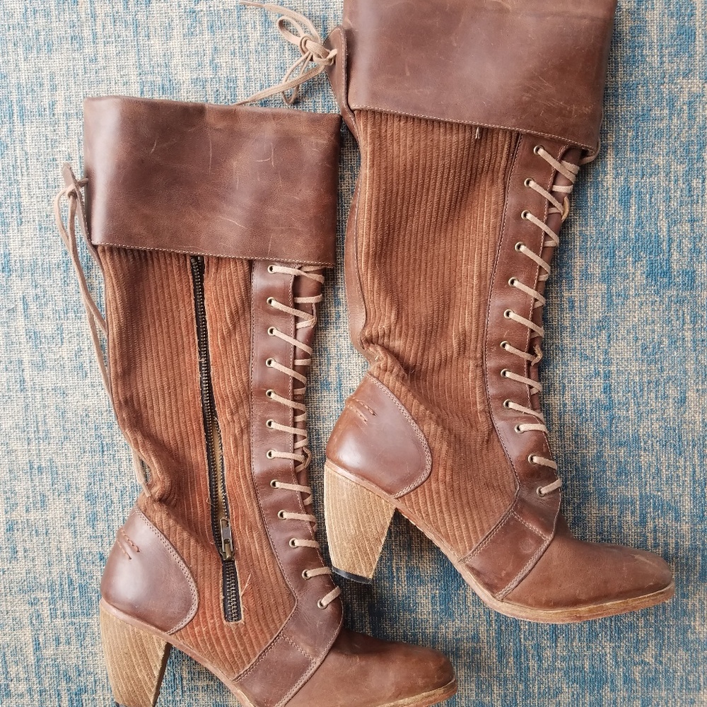 Vintage Boho Mid-calf Lace-up Boots with Heels